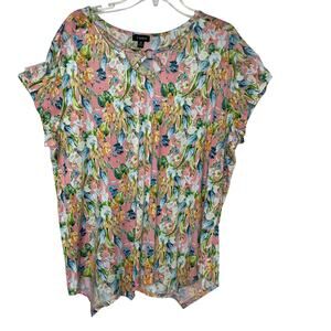 Links shirt blouse top size 1x floral pink short sleeve asymmetrical hem